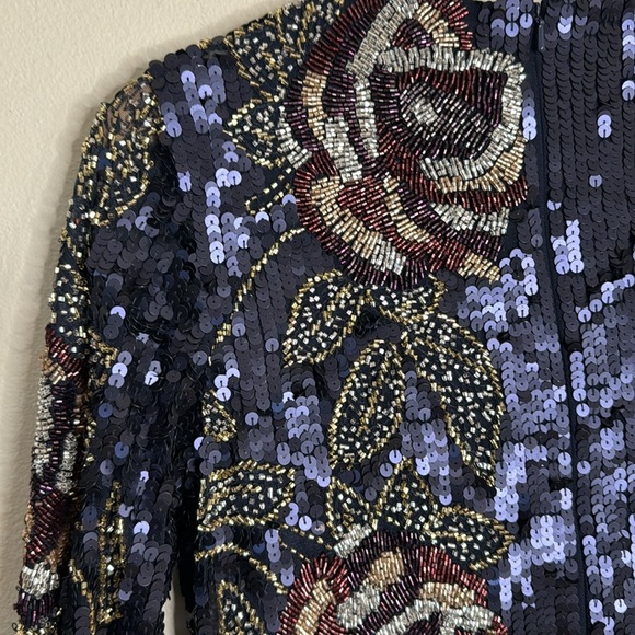 Mac Duggal SEQUINED ASYMMETRICAL FLORAL LONG SLEEVE MIDI DRESS in midnight - Picture 16 of 17